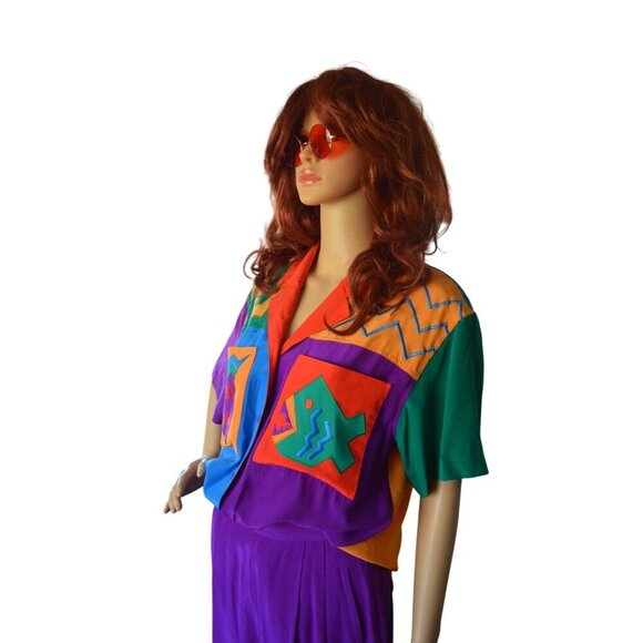 Vintage I.B. Diffusion 1990s Colorblock Silk Shirt High Waisted Pants Set Sizes - Picture 3 of 12